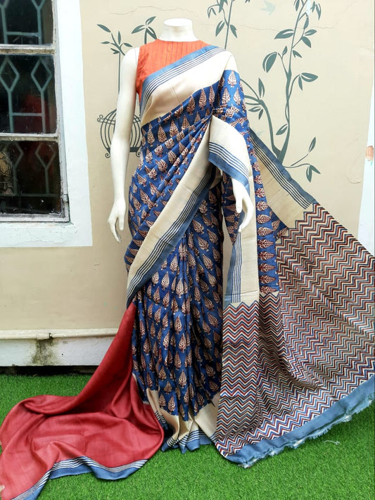Blue Block Printed Pure Silk Mark Certified Bishnupuri Silk Sarees - Dailybuyys