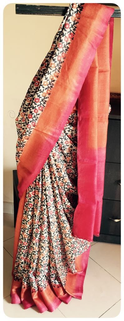 Pink Multicoloured Block Printed Flower Pure Silk Mark Certified Bishnupuri Silk Sarees