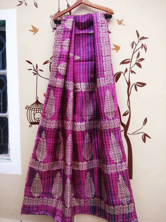 Purple Discharge  Block Printed Pure Silk Mark Certified Bishnupuri Silk Sarees - Dailybuyys
