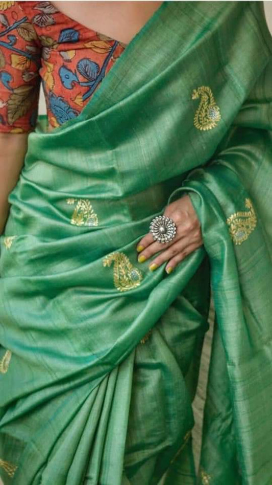 Green Pure Pure Silk Mark Certified Tussar Ghicha Silk Sarees - Dailybuyys