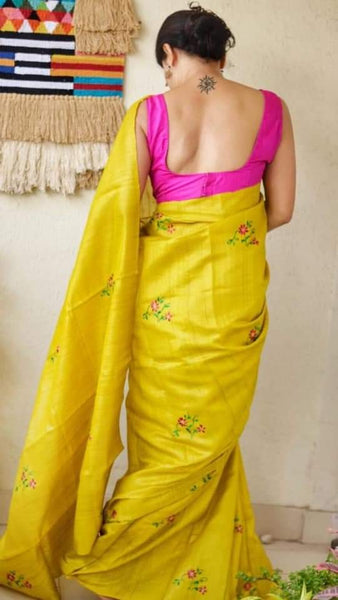 Yellow Pure Pure Silk Mark Certified Tussar Ghicha Silk Sarees