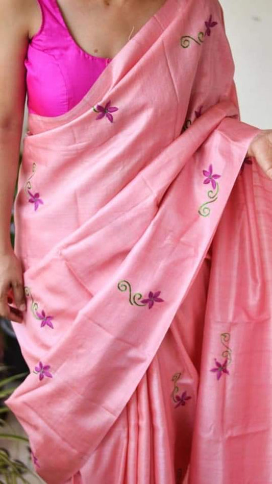 Pink Pure Pure Silk Mark Certified Tussar Ghicha Silk Sarees - Dailybuyys