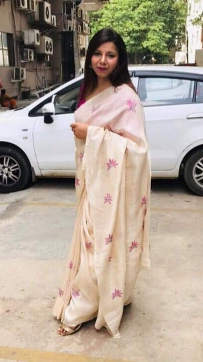 Beige Pure Pure Silk Mark Certified Tussar Ghicha Silk Sarees - Dailybuyys