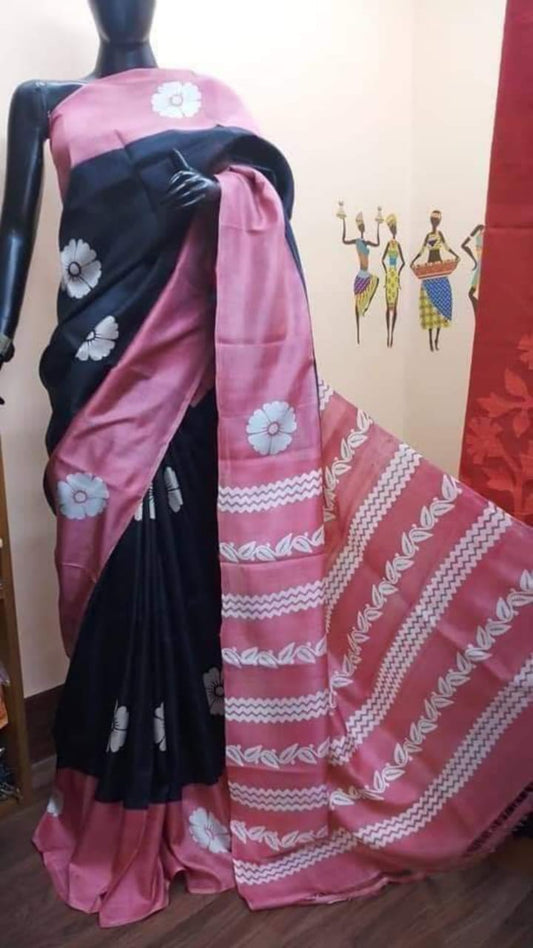 Black Pink Discharge  Block Printed Pure Silk Mark Certified Bishnupuri Silk Sarees - Dailybuyys
