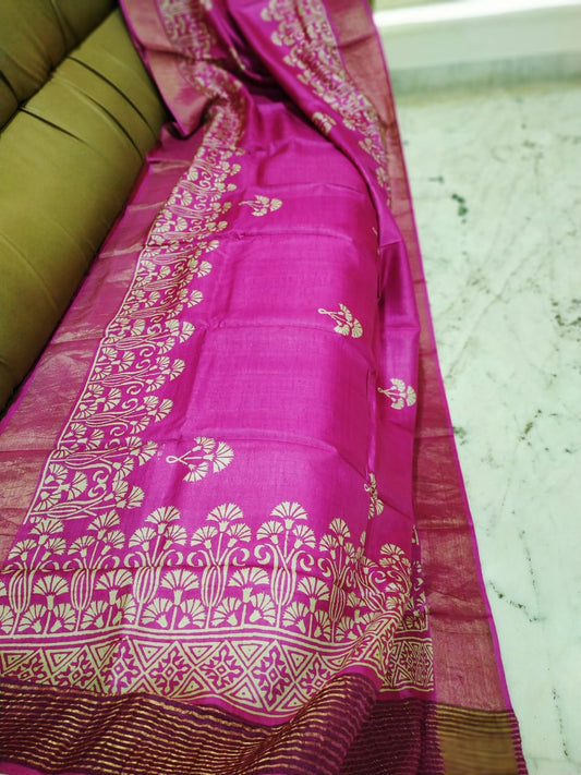 Purple Block Printed Zari Border Pure Silk Mark Certified Tussar Silk Sarees - Dailybuyys