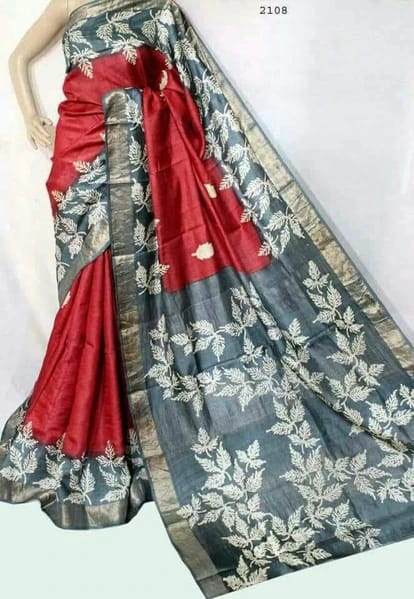 Red Block Printed Zari Border Pure Silk Mark Certified Tussar Silk Sarees - Dailybuyys