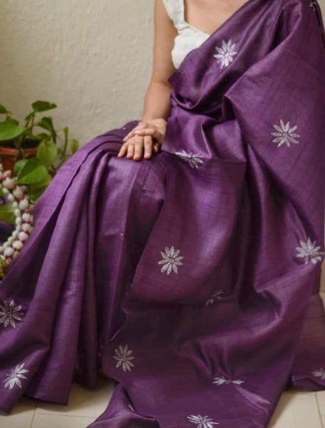 Purple Block Printed Pure Silk Mark Certified Tussar Silk Sarees