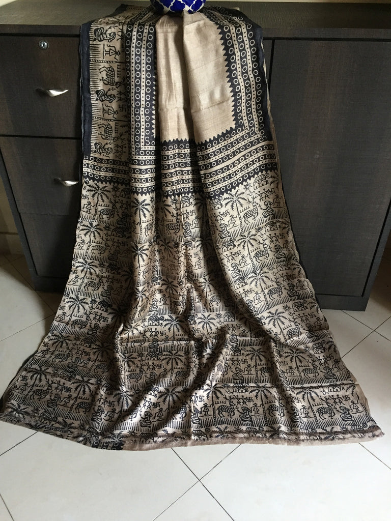 Beige Grey Block Printed Pure Silk Mark Certified Tussar Silk Sarees Get Extra 10% Discount on All Prepaid Transaction