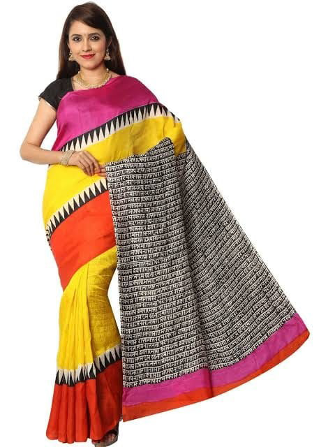Yellow Red Block Printed Pure Silk Mark Certified Bishnupuri Silk Sarees - Dailybuyys