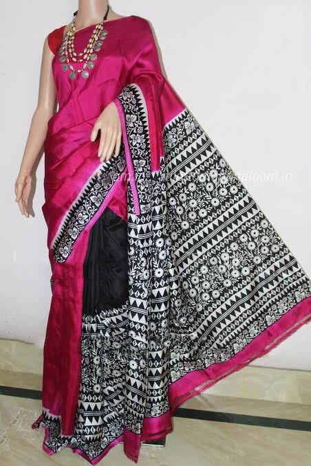 Purple Block Printed Pure Silk Mark Certified Bishnupuri Silk Sarees - Dailybuyys