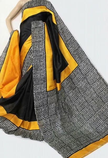Yellow Black Block Printed Pure Silk Mark Certified Bishnupuri Silk Sarees - Dailybuyys