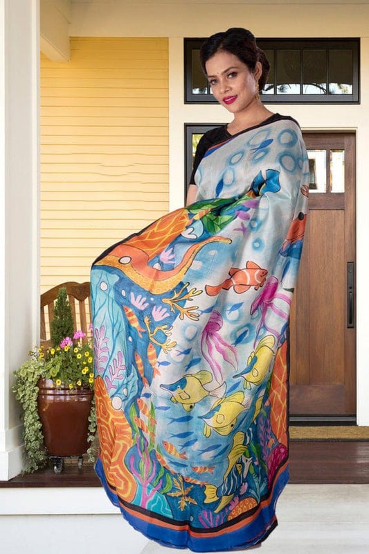 Beige Hand Painted Pure Silk Mark Certified Bishnupuri Silk Sarees - Dailybuyys