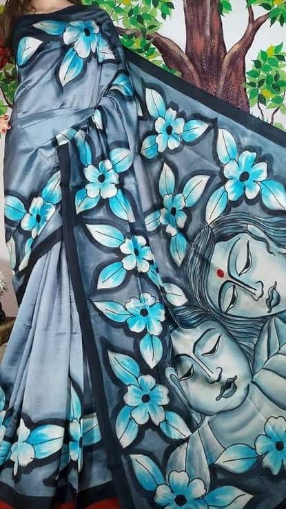 Grey Hand Painted Pure Silk Mark Certified Bishnupuri Silk Sarees - Dailybuyys