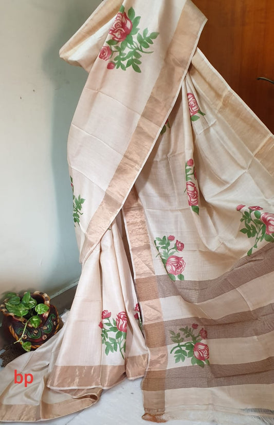 Beige Hand Painted Zari Border Pure Silk Mark Certified Tussar Silk Sarees - Dailybuyys