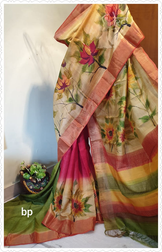 Beige Hand Painted Zari Border Pure Silk Mark Certified Tussar Silk Sarees - Dailybuyys