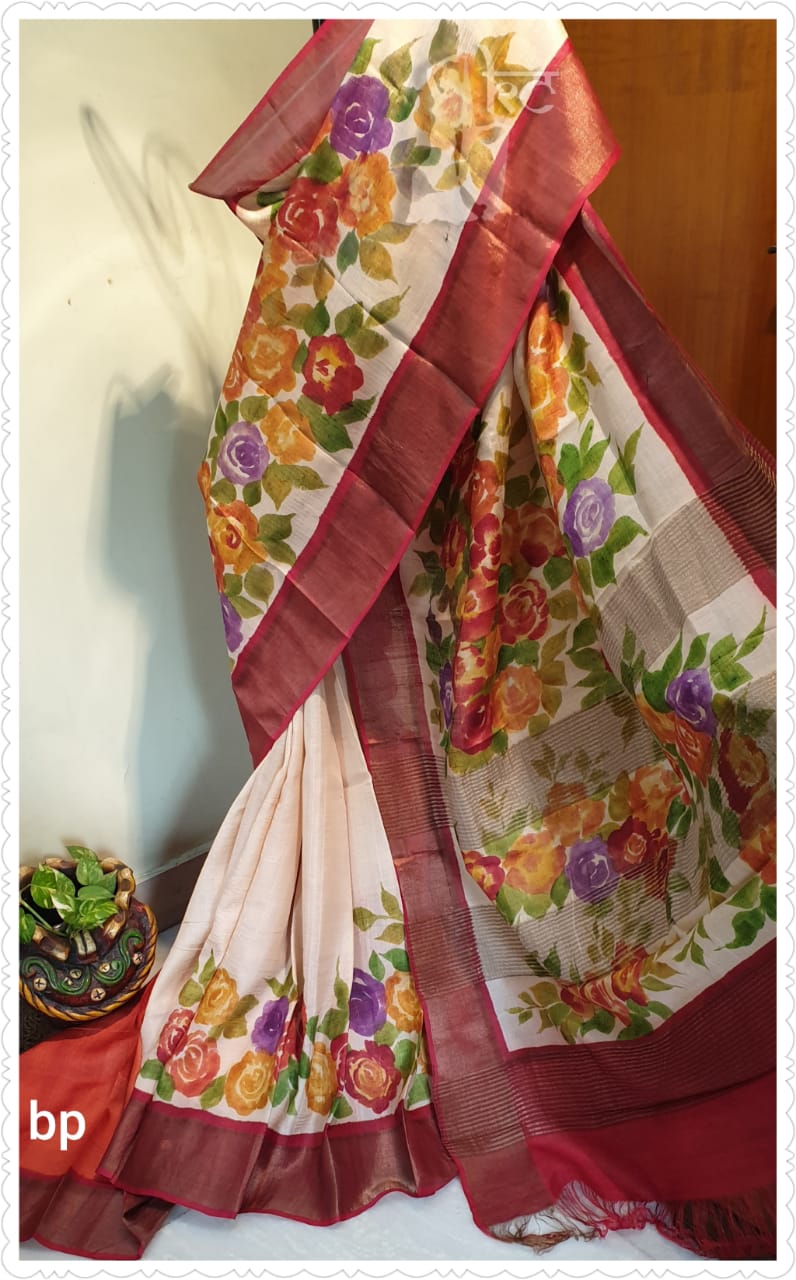 Beige Hand Painted Zari Border Pure Silk Mark Certified Tussar Silk Sarees - Dailybuyys