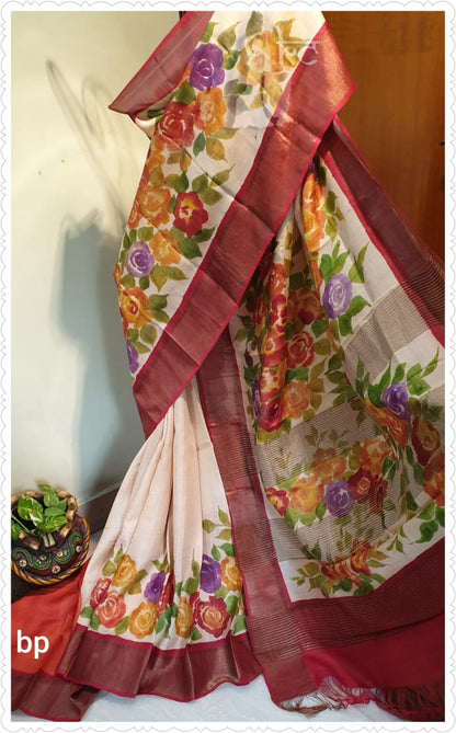 Beige Hand Painted Zari Border Pure Silk Mark Certified Tussar Silk Sarees - Dailybuyys