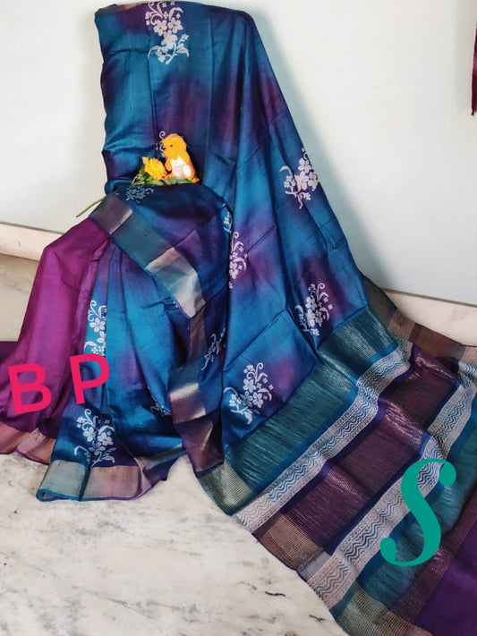Blue Block Printed Zari Border Pure Silk Mark Certified Tussar Silk Sarees - Dailybuyys
