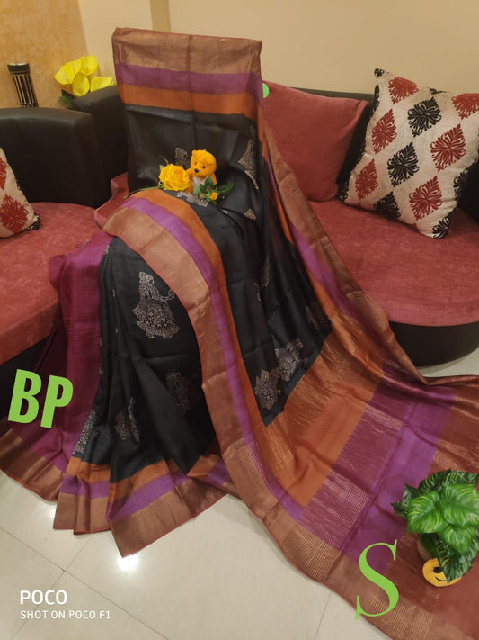 Black Block Printed Zari Border Pure Silk Mark Certified Tussar Silk Sarees - Dailybuyys