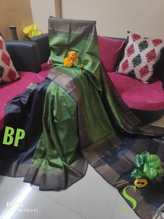 Green Black Block Printed Zari Border Pure Silk Mark Certified Tussar Silk Sarees - Dailybuyys