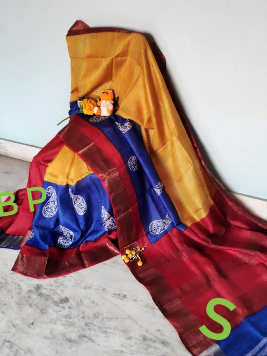 Yellow Red Block Printed Zari Border Pure Silk Mark Certified Tussar Silk Sarees - Dailybuyys