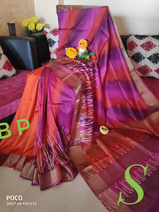 Pink Orange Hand Painted Zari Border Pure Silk Mark Certified Tussar Silk Sarees - Dailybuyys