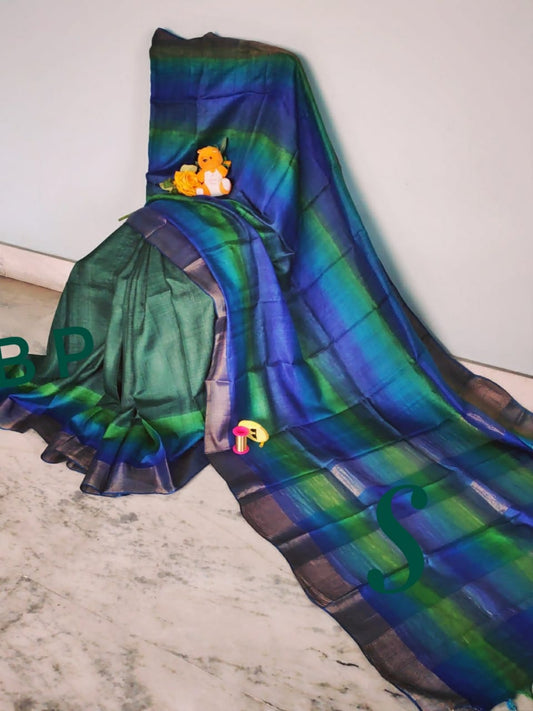 Green Blue Block Printed Zari Border Pure Silk Mark Certified Tussar Silk Sarees - Dailybuyys