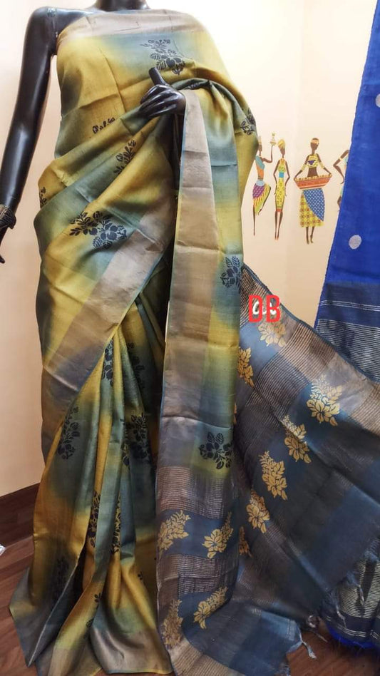 Yellow Block Printed Zari Border Pure Silk Mark Certified Tussar Silk Sarees - Dailybuyys