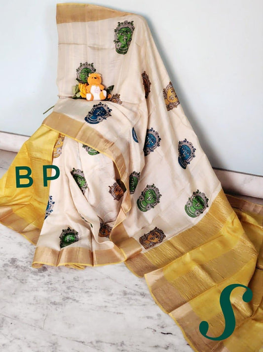 Beige Yellow Block Printed Zari Border Pure Silk Mark Certified Tussar Silk Sarees - Dailybuyys