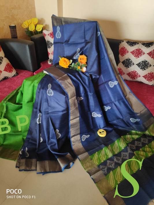 Blue Green Block Printed Zari Border Pure Silk Mark Certified Tussar Silk Sarees - Dailybuyys