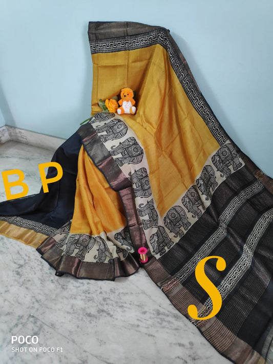 Yellow Block Printed Zari Border Pure Silk Mark Certified Tussar Silk Sarees - Dailybuyys