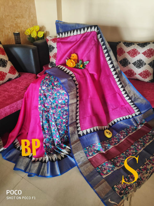 Pink Block Printed Zari Border Pure Silk Mark Certified Tussar Silk Sarees - Dailybuyys