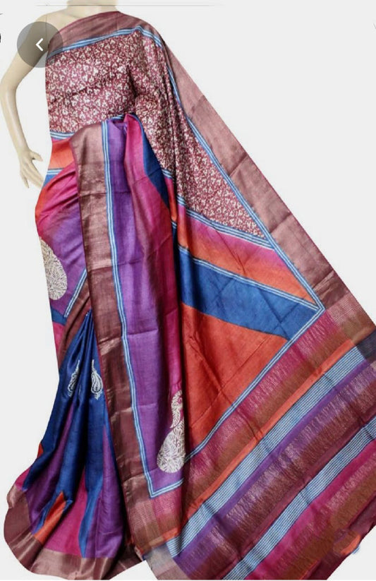 Blue Beige Block Printed Zari Border Pure Silk Mark Certified Tussar Silk Sarees - Dailybuyys