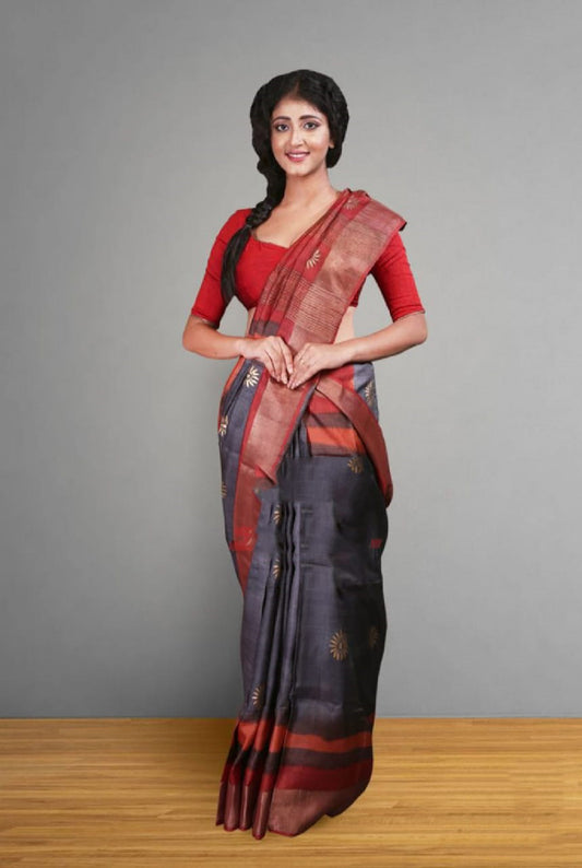 Black Red Block Printed Zari Border Pure Silk Mark Certified Tussar Silk Sarees - Dailybuyys