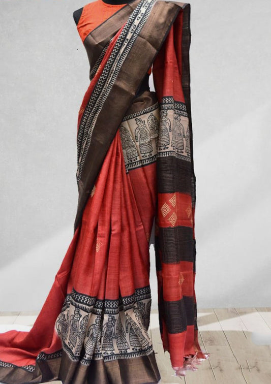 Red Black Block Printed Zari Border Pure Silk Mark Certified Tussar Silk Sarees - Dailybuyys