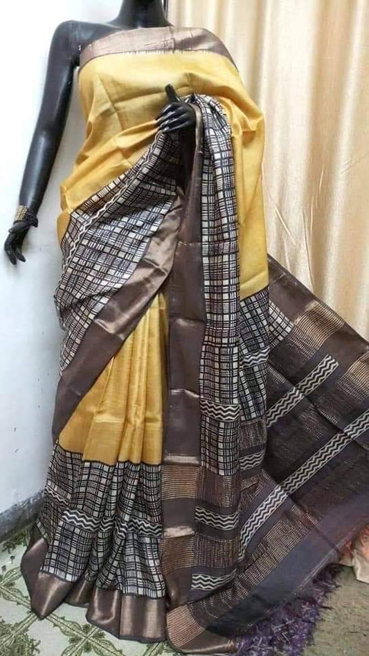 Yellow Block Printed Zari Border Pure Silk Mark Certified Tussar Silk Sarees - Dailybuyys