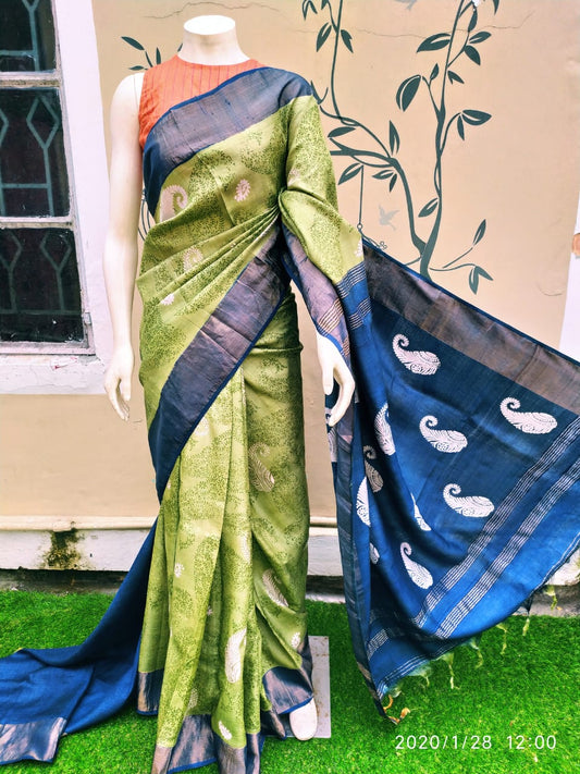 Green Blue Block Printed Zari Border Pure Silk Mark Certified Tussar Silk Sarees - Dailybuyys