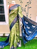 Green Blue Block Printed Zari Border Pure Silk Mark Certified Tussar Silk Sarees