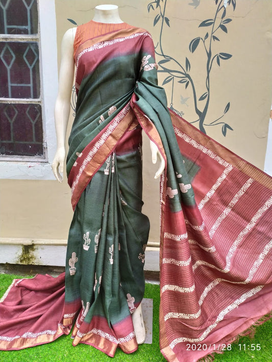 Green Pink Block Printed Zari Border Pure Silk Mark Certified Tussar Silk Sarees - Dailybuyys