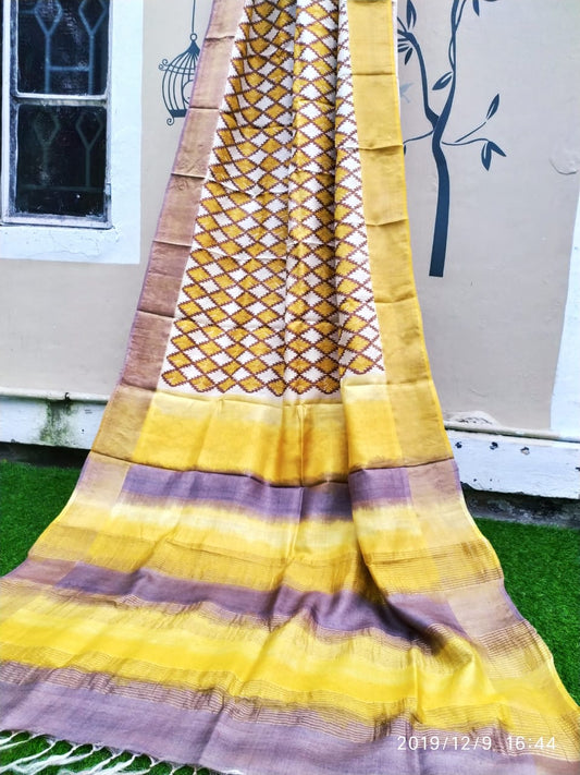 Yellow Block Printed Zari Border Pure Silk Mark Certified Tussar Silk Sarees - Dailybuyys