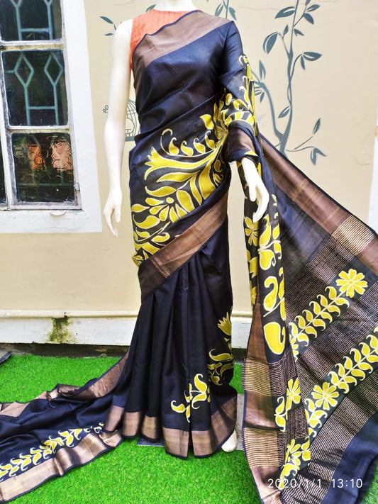 Black Hand Painted Zari Border Pure Silk Mark Certified Tussar Silk Sarees - Dailybuyys