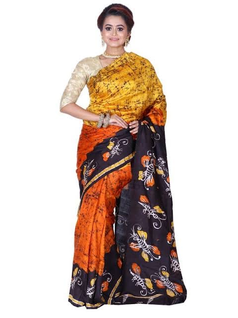 Orange Black Hand Painted Pure Silk Mark Certified Bishnupuri Silk Sarees - Dailybuyys