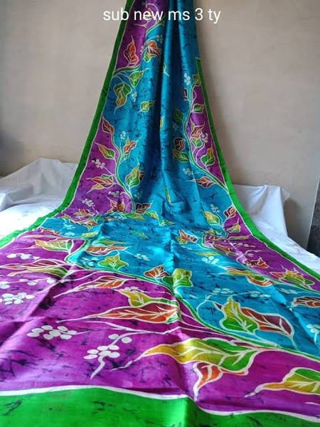 Blue Exclusive Wax Hand Batik Print Pure Silk Mark Certified Bishnupuri Silk Sarees