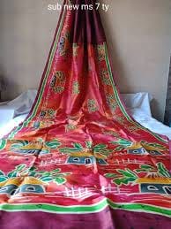 Red Exclusive Wax Hand Batik Print Pure Silk Mark Certified Bishnupuri Silk Sarees