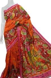 Orange Exclusive Wax Hand Batik Print Pure Silk Mark Certified Bishnupuri Silk Sarees