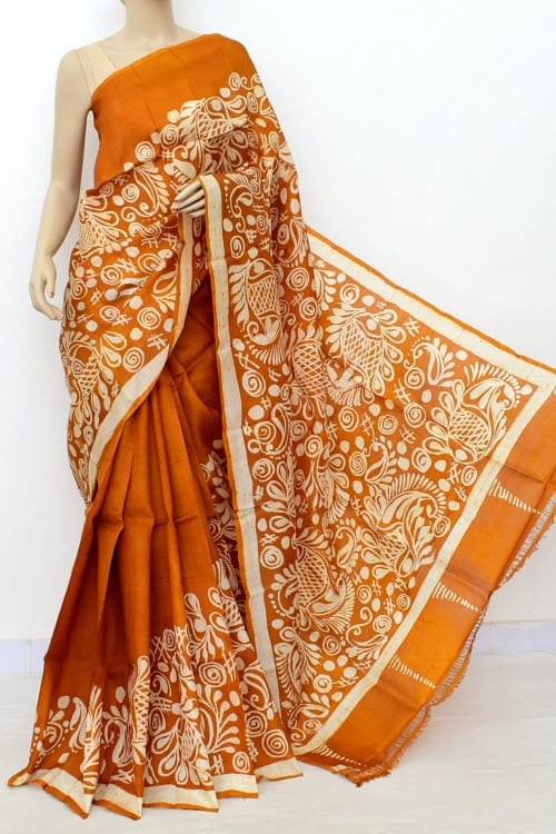 Orange Exclusive Wax Hand Batik Print Pure Silk Mark Certified Bishnupuri Silk Sarees - Dailybuyys