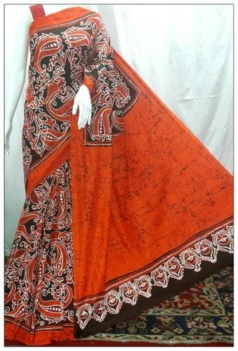 Orange Exclusive Wax Hand Batik Print Pure Silk Mark Certified Bishnupuri Silk Sarees - Dailybuyys