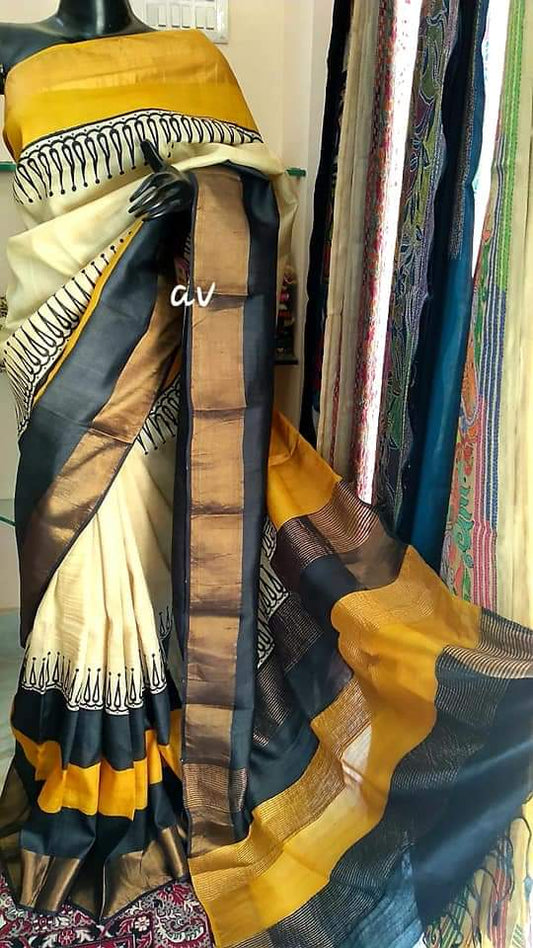 Beige Yellow Block Printed Zari Border Pure Silk Mark Certified Tussar Silk Sarees - Dailybuyys