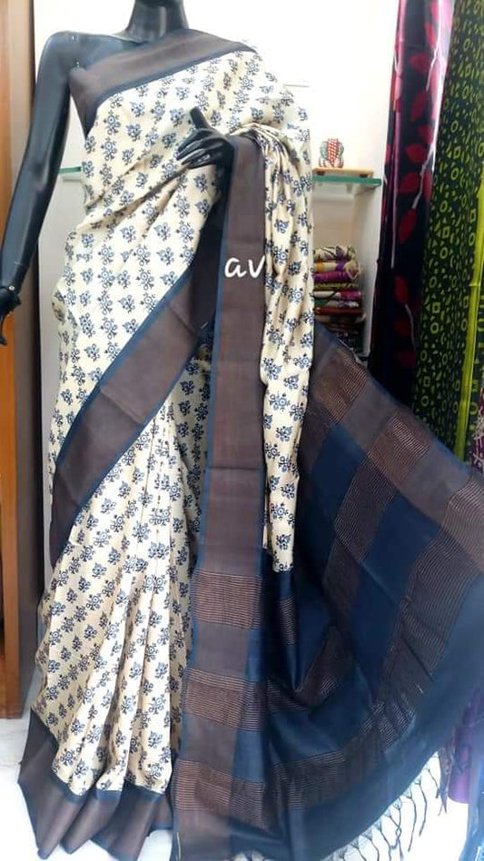 White Block Printed Zari Border Pure Silk Mark Certified Tussar Silk Sarees - Dailybuyys