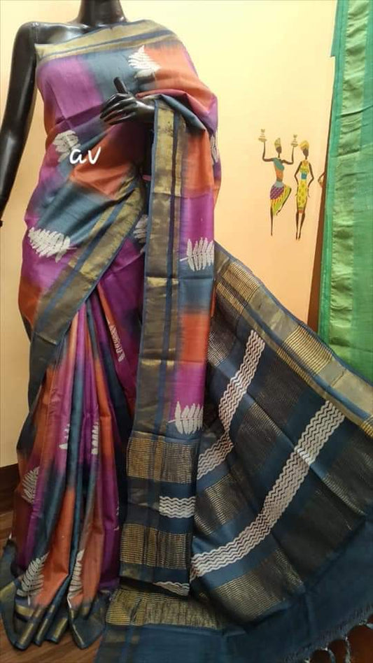 Muti Colour Block Printed Zari Border Pure Silk Mark Certified Tussar Silk Sarees - Dailybuyys